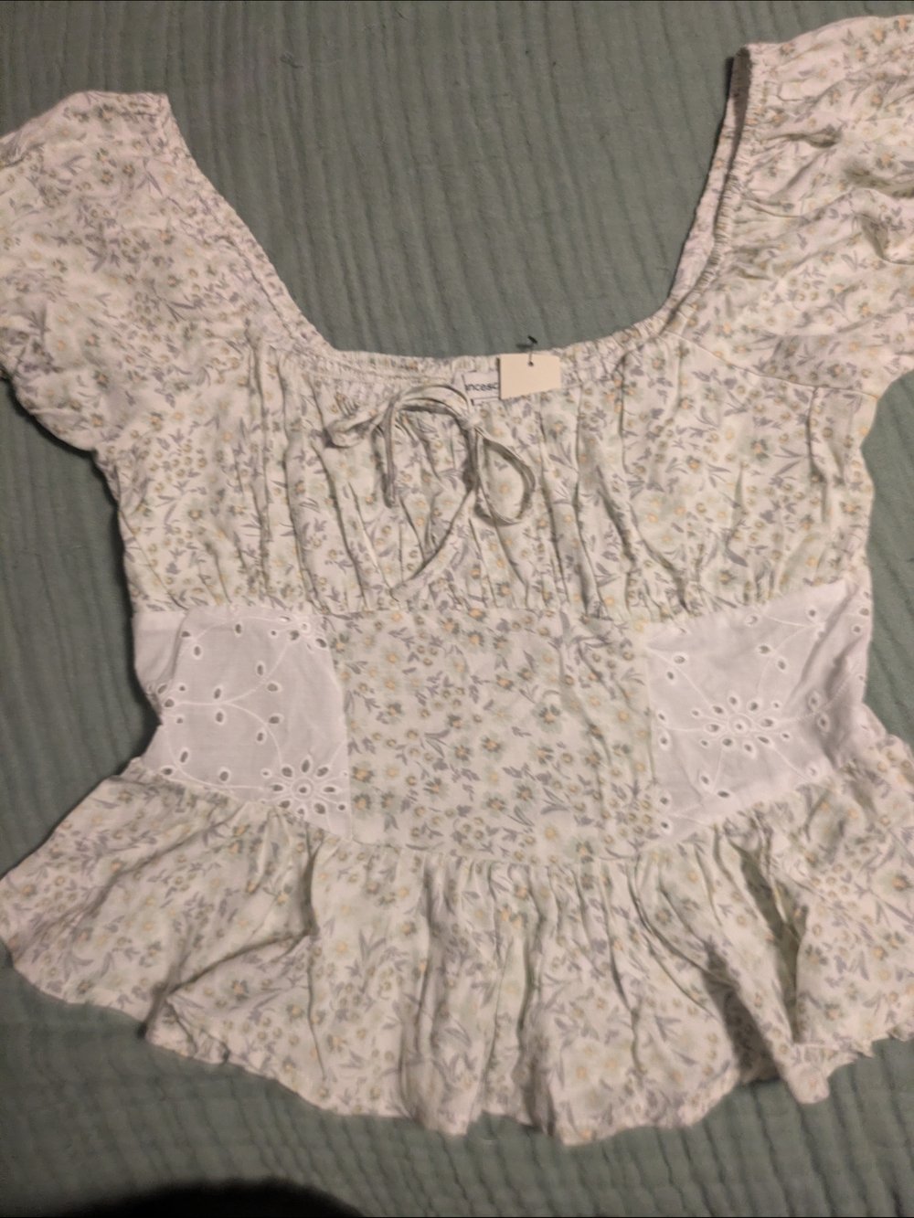 Francesca's Collections Cream Floral Peplum Blouse with Eyelet Panels
